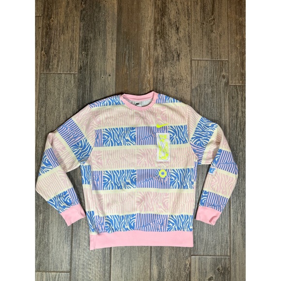 Nike Crewneck Sweatshirt Women's Medium Pink Blue Zebra Stripe Pullover - Picture 1 of 8
